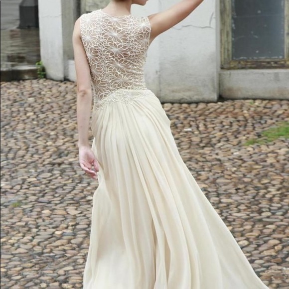 Ecru Embroidered A Line Gown - Picture 2 of 8